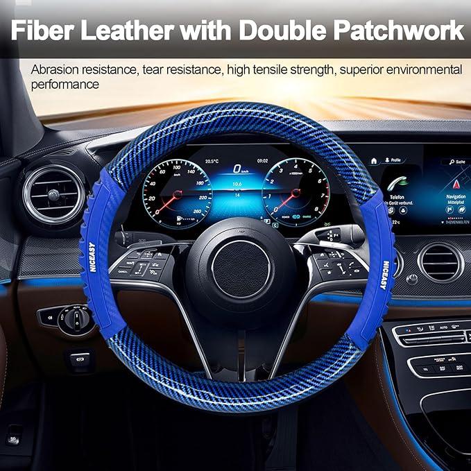 Sport Style Blue PU Leather Steering Wheel Cover with Bright-Blue Sport Grip Anti-Slip Breathable Steering Wheel Accessory Universal Fit 14.75-15 inch