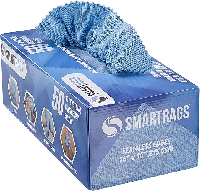 Arkwright Smart Rags Microfiber Cleaning Cloths, Pack of 50 in a Box, Lint Free 215 GSM Reusable Towels for Auto, Office and Household Cleaning, 16 x 16 in, Blue