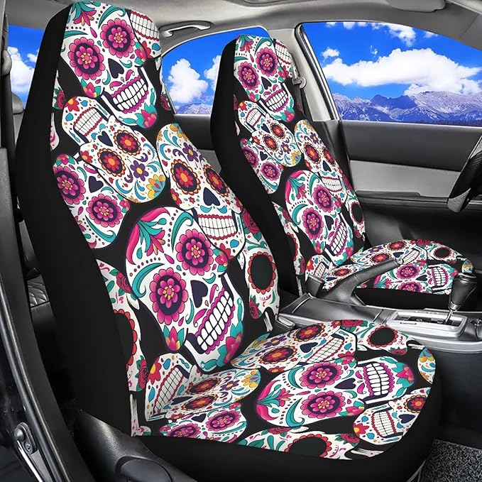 Sugar Skull Car Seat Covers Breathable Front Seat Covers Easy Installation Stretch Polyester Fabric Cover Protection Interior Accessories Universal Fit Most Cars,SUV, Trucks