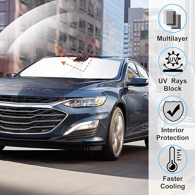 Windshield Sun Shade Custom Fit for 2016-2024 2025 Chevrolet/Chevy Malibu Accessories Foldable Sunshade Sun Blocker Protect Car from Sun Rays & Heat Damage Keep Car Cooler