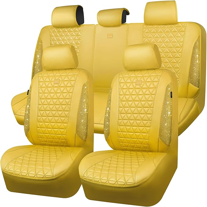CAR PASS Yellow Bling Diamond Leather Car Seat Cover Full Sets,Waterproof Shining Glitter Sparkly Crystal Universal Fit for Automotive Truck SUV Cute Women Girl Airbag Compatable,All Yellow Rhinestone