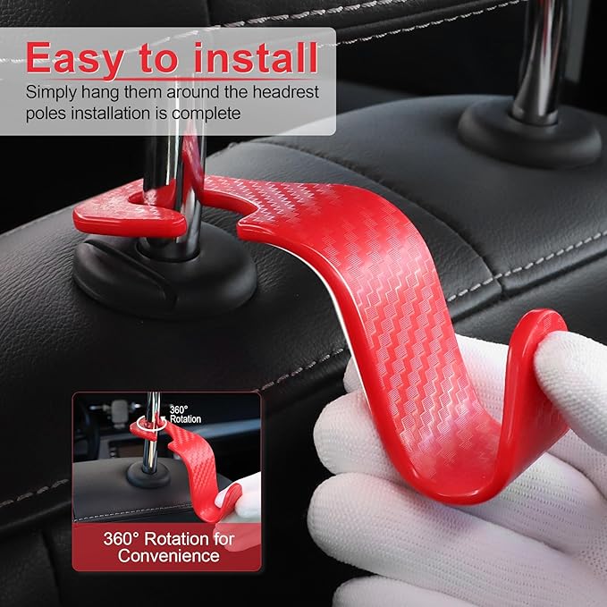 LivTee Car Purse Hook, Headrest Hook for Car, 4 Pack Universal Auto Car Seat Headrest Hook Hangers Organizer for Purse Coat Umbrellas Grocery Bags Handbag, Car Accessories - Carbon Fiber Red