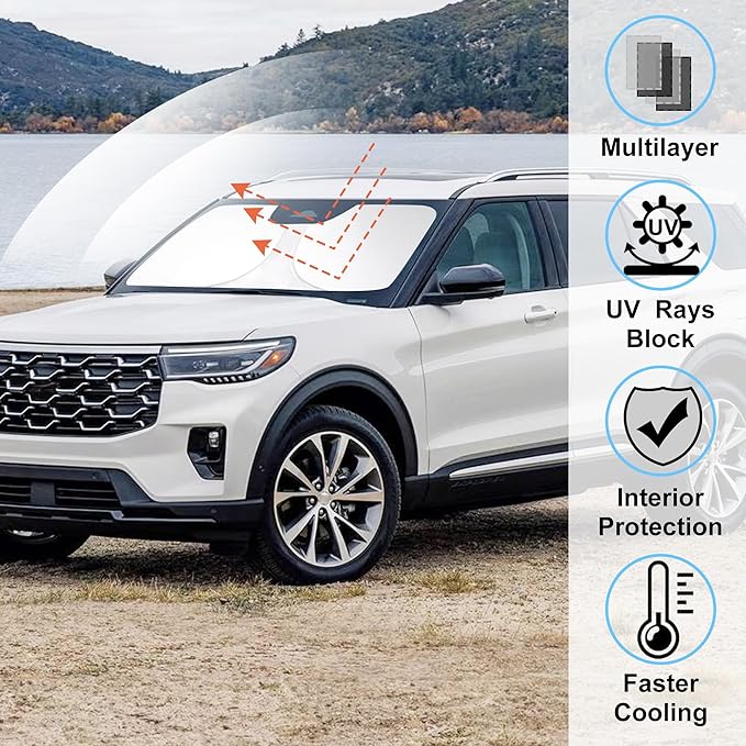 Windshield Sun Shade Custom Fit for 2011-2019 Ford Explorer SUV Accessories Foldable Sunshade Sun Blocker Protect Car from Sun Rays & Heat Damage Keep Car Cooler