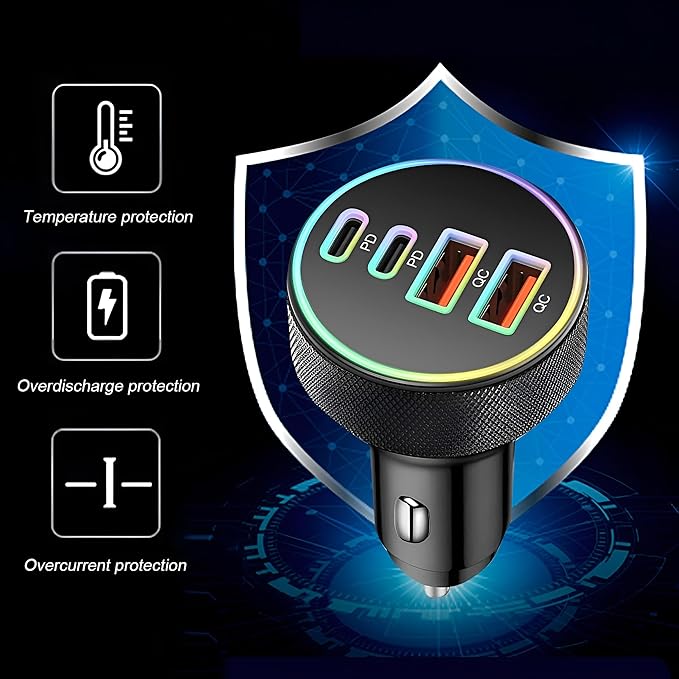 4 in 1 USB C Car Charger, 4-Port 90W PD QC Dual USB C & USB A Vehicle Fast Charging Cigarette Lighter Adapter, Multiport Auto Phone Charge Adapter, Fits 16 15 14 Pro Max Tablet (Black)