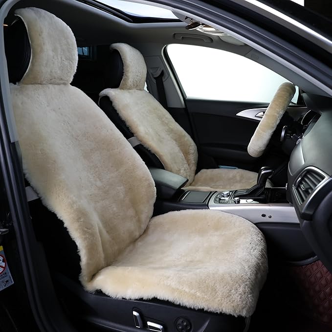 Natural Fur Sheepskin Universal car seat Covers for seat Cushion Auto Accessories, (Khaki Camel, Universal Fit Pack of 2)