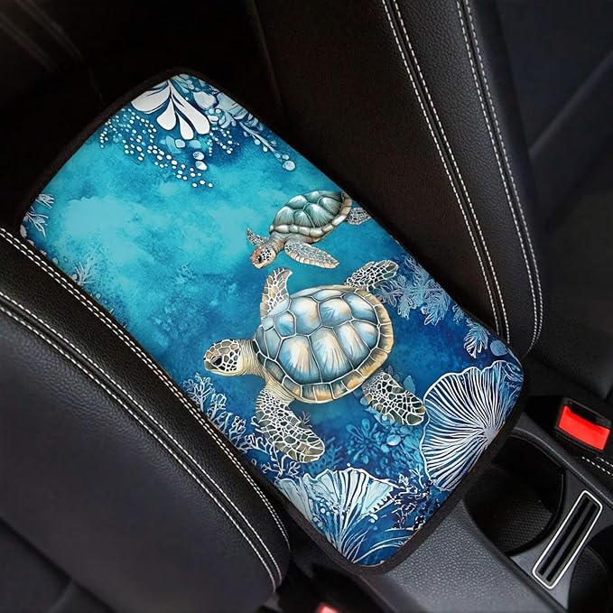 Suobstales Turtle Coral Print Car Armrest Pad Soft Center Console Arm Rest Protector Cover Universal Car Interior Accessories Decoration