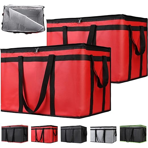 CIVJET 2-Pack Insulated Food Delivery Bag with Hard Bottom, XXX-Large Commercial Food Warmer, Insulated Reusable Grocery Cooler/Hot Bags, Tote Bag for Shopping/Travel, Red