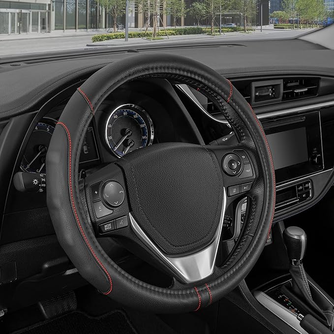 Motor Trend GripDrive Faux Black Leather Steering Wheel Cover for Car Truck Van SUV, Small 14 inch Size, Red Accent Stitched Car Steering Wheel Cover Vehicle & Auto Accessories