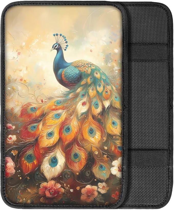 Suobstales Peacock Flower Print Car Armrest Pad Soft Center Console Arm Rest Protector Cover Universal Car Interior Accessories Decoration