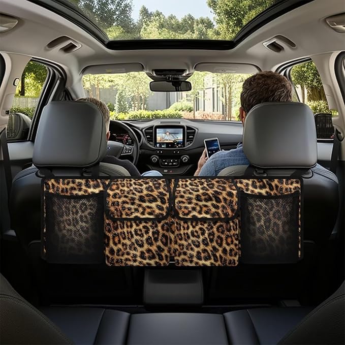 Backseat Trunk Organizer for Car Brown Leopard Print Back of Seat Car Organizer with Extra Storage Space for SUVs,Trucks,Vans,Car Organization