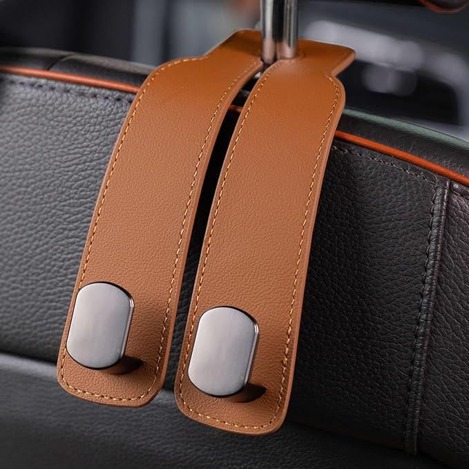 Genuine Leather Car Purse Hook - Flexible Car Seat Back Storage Hook for Purses and Bags, Universal Headrest Hooks for Car, Upgraded Car Purse Holder Hanger for Head Rest (Brown-1 Pack)