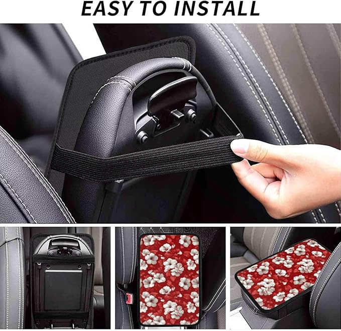 Red Hibiscus Center Console Armrest Cover Tropical Floral Middle Console Covers Seat Box Lid Protective Cover Cushion Pad SUV Van Sedans Truck Accessories Hawaiian Leaf Arm Rest Pads