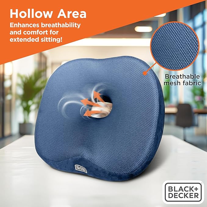 BLACK+DECKER High Back Tailbone Seat Cushion – Memory Foam Chair Cushion for Office, Car, Wheelchair & Airplane – Ergonomic, Non Slip, Breathable Mesh, Sciatic Pain Relief, Washable Cover, Blue