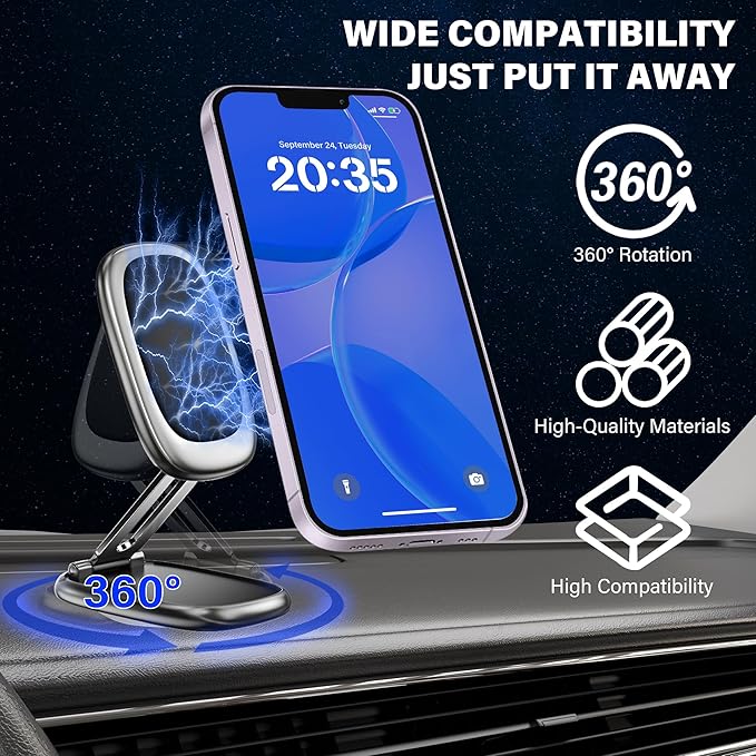 Magnetic Car Phone Holder, N55 Strong Magnets, 360° Rotation Dashboard Magnetic Phone Holder for Car, Folding Car Magnet Phone Mount for iPhone 16 15 14 13 Pro Max (Square-1)