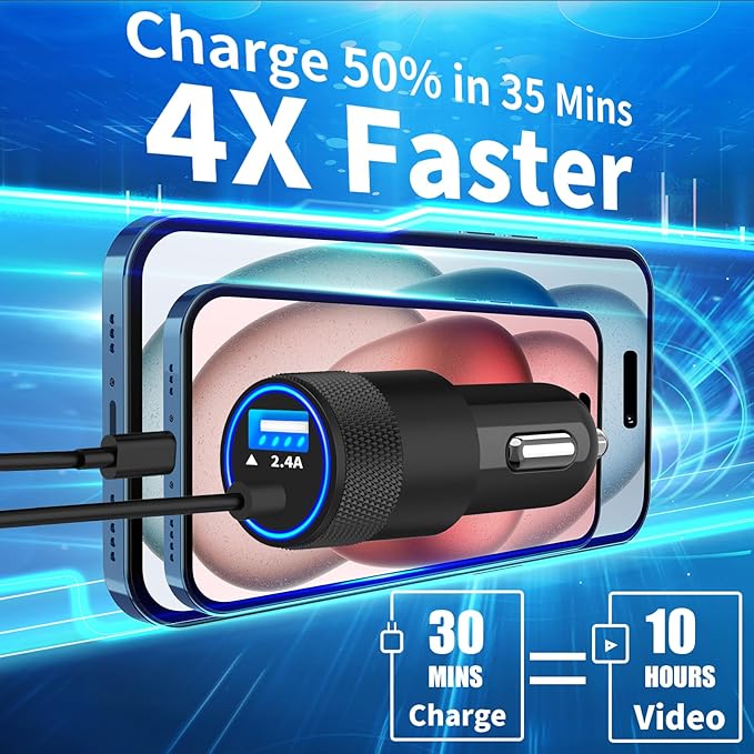 【MFi Certified】iPhone Fast Car Charger, Caiinei 4.8A Dual USB Power Cigarette Lighter iPhone Car Charger Fast Charging Built-in 6FT Lightning Cable for iPhone 14 13 12 11 Pro Max XS Mini XR X SE iPad