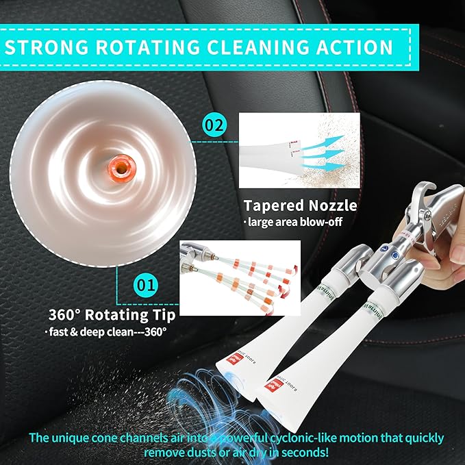 GOCCIDA Tornado Car Cleaning Gun Interior Car Air Gun Car Dust Cleaner Blower Gun,Vortex Air Cleaning Tool for Quickly Blasts Dirt and Dust from Surface(Upgraded Design with Double Nozzle)