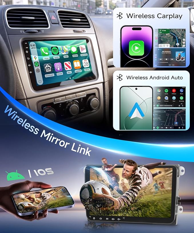 Rimoody 9‘’ Android Car Stereo for VW Passat Jetta Tiguan Golf MK5 MK6 T5 EOS Polo Touran Seat Sharan, 4G+64G Touchscreen Radio Wireless CarPlay Android Auto, GPS BT-5.0 FM 5G-WiFi 32EQ Backup Camera