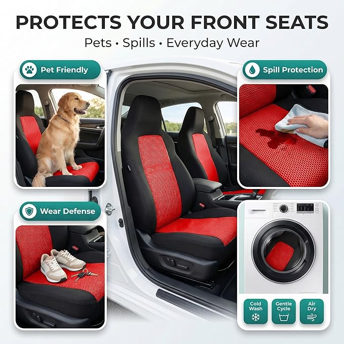 FH Group Automotive Full Car Seat Covers for SUV, Trucks, Sedan and More - Universal Fit Front High Back & Rear Solid Bench Design Interior Accessories - 3D Air Mesh Fabric Center Panel - Red