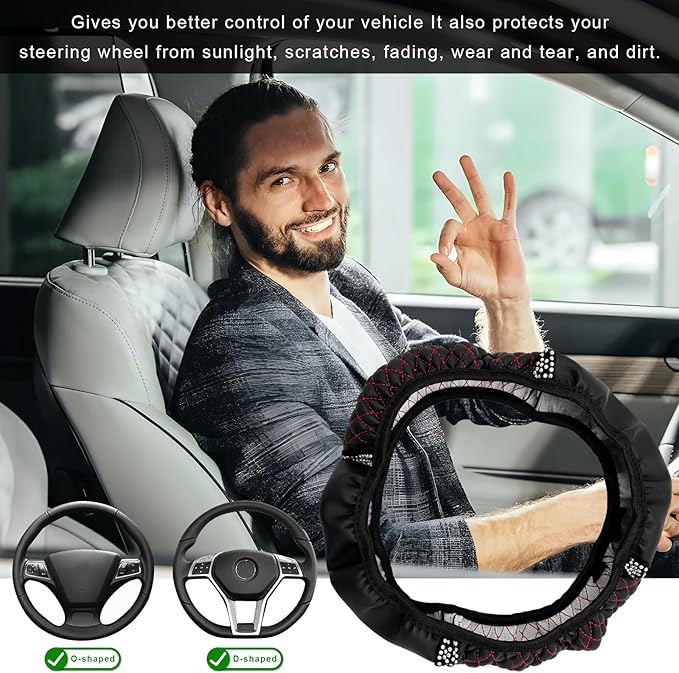 Bling Soft Leather Steering Wheel Cover, 14.5-15 Inch Sparkly Rhinestones Non-Slip Car Steering Wheel Protector, Elastic Auto Steering Wheel Cover Interior for Women Girls (Black & Red)