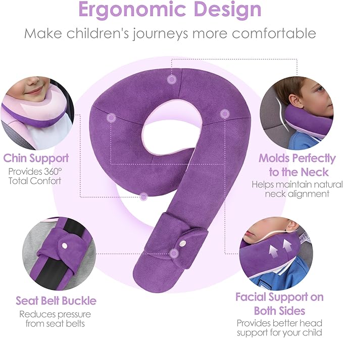 Kids Travel Neck Pillow, Toddler Travel Pillow for Car & Airplane and Head & Chin Support, Comfortably Travel Neck Pillow for Road Trip Sleeping, Gifts for Toddler/Kids (Deep Purple & Light Purple)