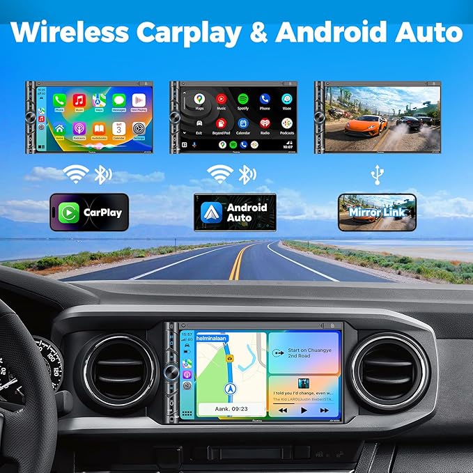 SJoyBring Double Din Car Stereo - Wireless Apple CarPlay & Android Auto, 240W 4.2CHN, 7" Touchscreen, SWC, Bluetooth, FM/AM Car Radio, 2 Subwoofers Outputs, Backup Camera
