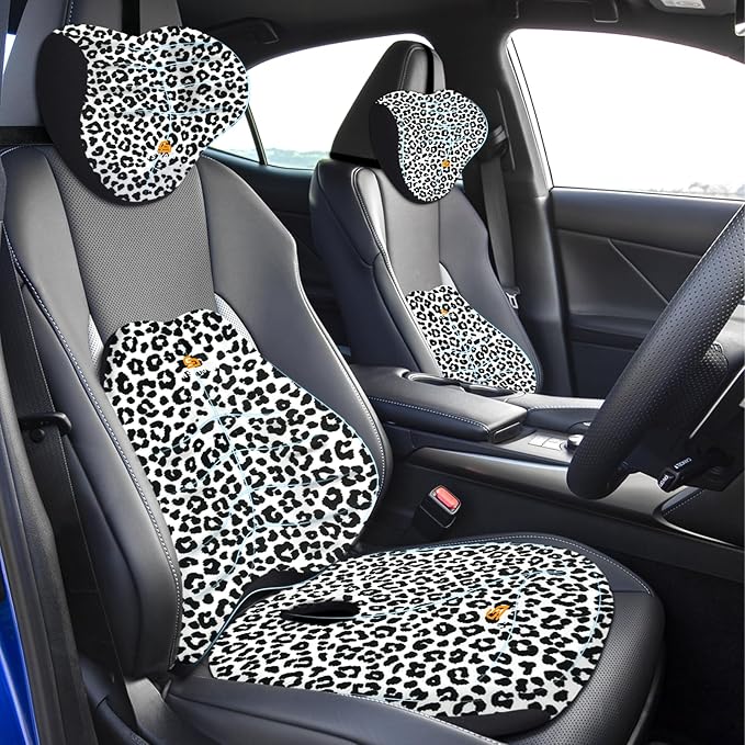 NS YOLO Ergonomic Car Seat Cushion with Comfort Memory Foam Neck Pillow, Car Pillow,Lumbar Support and Big Size Soft Seat Cushion for Driving Seat,Office Chair and Wheel Chair (Leopard Print-3 pcs)
