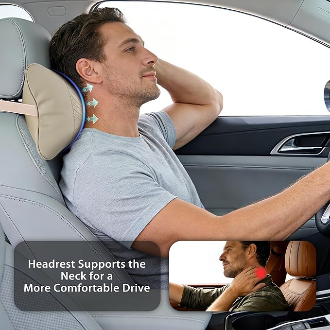 2 Pack Car Neck Pillow Soft Breathable Headrest Pillows for Driving Support, Universal Fit for Most Car Seats Decor Accessories（Beige White）