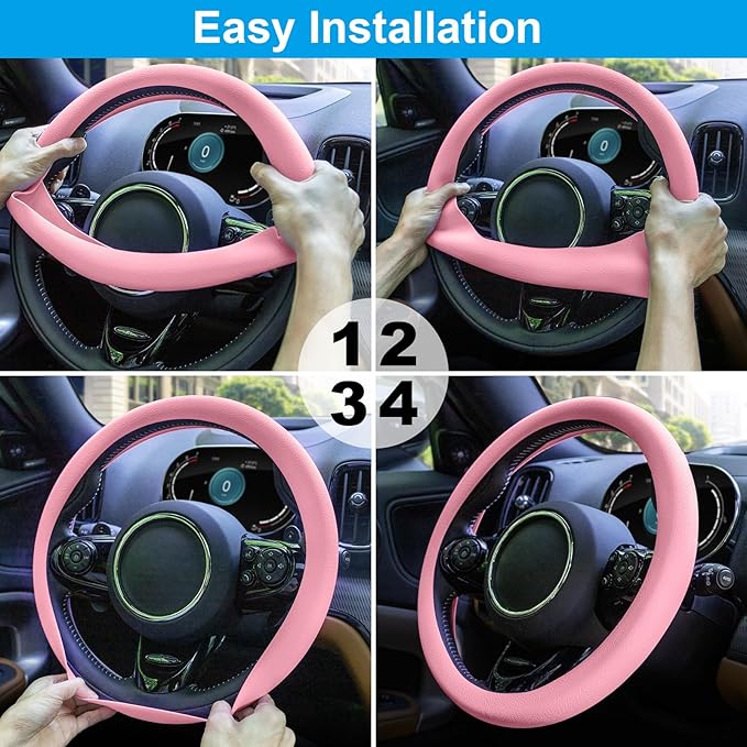 Spurtar Pink Steering Wheel Cover Women Girls, Soft Pink Car Accessories Thin Silicone Texture Cute Steering Wheel Covers, Fit Diamenter 15" - 16.5"