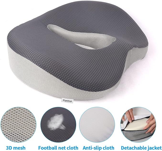 Memory Foam Seat Cushion, Pressure Relief Seat Cushion for Tailbone Pain, Anti-Skid Comfortable Hip Pillow, Support Cushion for Office Chair, Car, Wheelchair, Sciatica and Backache (Grey)