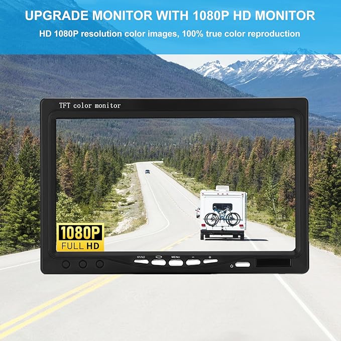 Kairiyard Dual RV Backup Camera with 7 Inch Monitor, AHD 1080P, 2 Channel, DIY Guide Lines 150 Degree Wide View Angel Wired Reverse Rear View Camera for Truck Car Trailer Camper Tractor