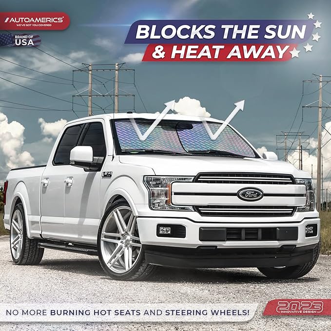 Autoamerics 2-Piece Windshield Sun Shade - Holographic Foldable Car Front Window Sunshade for Most Cars SUV Truck - Heat Blocker Visor Protector Blocks Max UV Rays and Keeps Your Vehicle Cool - Medium