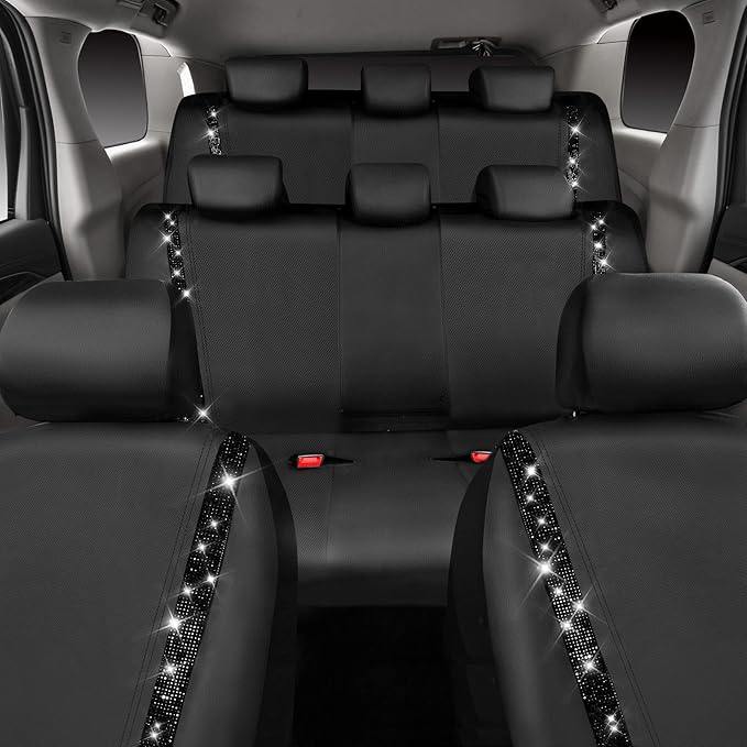 CAR PASS Bling Diamond Car Seat Covers,Shining Rhinestones Waterproof Faux Leather, 8 Seats 3 Rows with Zipper Glitter Crystal Sparkle Strips Universal Fit 95% MPV,SUV,CAR for Women Girl, Black