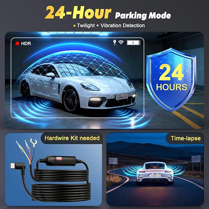 4K+2K+2K 3 Channel Dash Cam Front and Rear with 128GB Card, Dash Camera for Cars 5.8G/2.4G Dual WiFi, Built-in GPS, Night Vision, WDR, 170°Wide Angle, Emergency Lock, 24H Parking Monitor, Deep Black