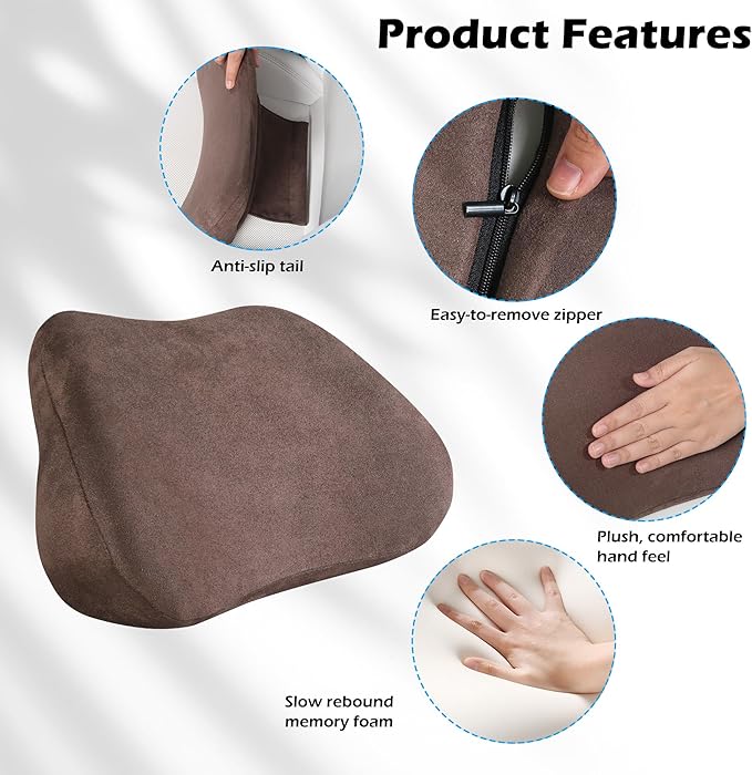 Lumbar Support Pillow for Car, Ergonomic Memory Foam Back Cushion for Driving, Seat Office Chair, Gaming Chair, Lower Back Support for Back Pain Relief, Brown, 2 Pack