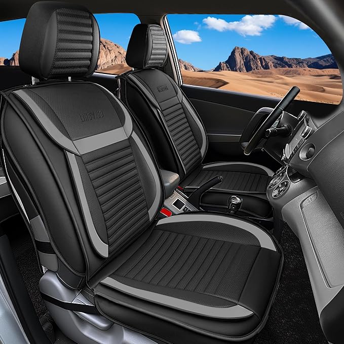 LINGVIDO Front Car Seat Covers, Faux Nappa Leather, Airbag Compatible and Waterproof Protectors for Sedans SUVs, Breathable Anti-Slip Interior for Commuters and Rideshare, Black/Gray
