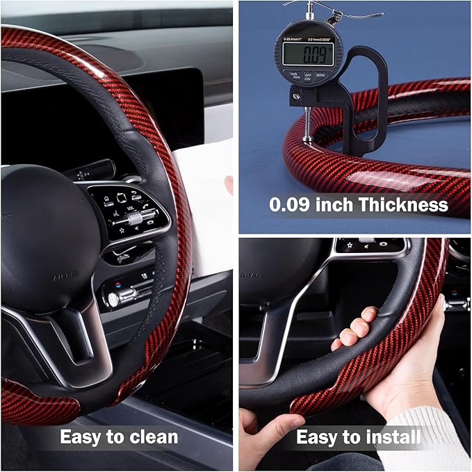 Car Steering Wheel Cover Carbon Fiber Snap On Steering Wheel Accessories Wrap 14.5-15 inch Universal Grip Anti-Skid Protector, Glossy Red