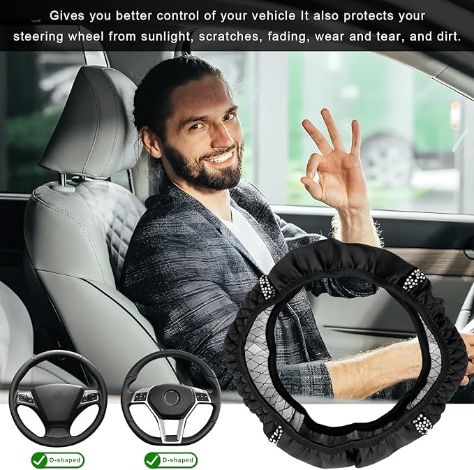 Bling Soft Leather Steering Wheel Cover, 14.5-15 Inch Sparkly Rhinestones Non-Slip Car Steering Wheel Protector, Elastic Auto Steering Wheel Cover Interior for Women Girls (Black)