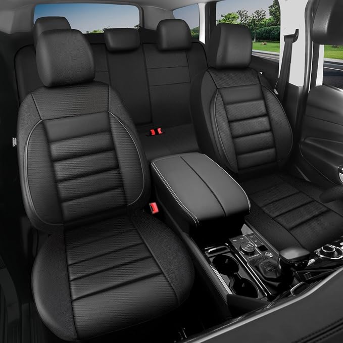 CAR PASS Leather Seat Covers Full Set Universal Water Resistant 3D Foam Back Support, Luxury Comfort Automotive 5 Seat Covers All Season Fit for SUV,Sedan,Van, Airbag Compatible Elegance(Pure Black)