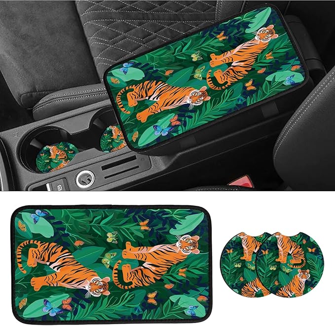 Car Armrest Cover Pads Universal Fashion Cute Auto Center Console Armrest Cover Pad with 2PCS Car Coasters Soft Waterproof Car Armrest Seat Protector for Women, Two Tiger Butterfly