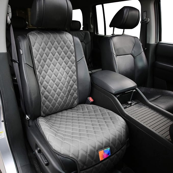 FH Group Car Seat Cushion – Faux Leather Single Front Seat Cover with Front Pockets, Airbag Compatible, Universal Fit Car Seat Cushion for Driver or Passenger Seat, SUV, Truck, Sedan & Van – Gray