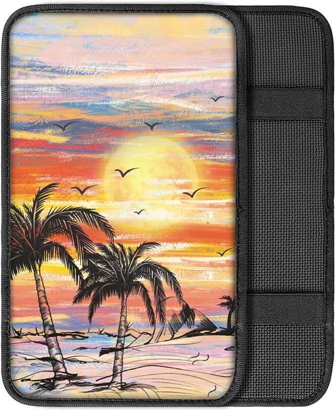 Dreaweet Sunset Palm Tree Car Armrest Cover Hawaiian Car Accessories for Women Interior,Universal Armrest Cover for Car Center Console