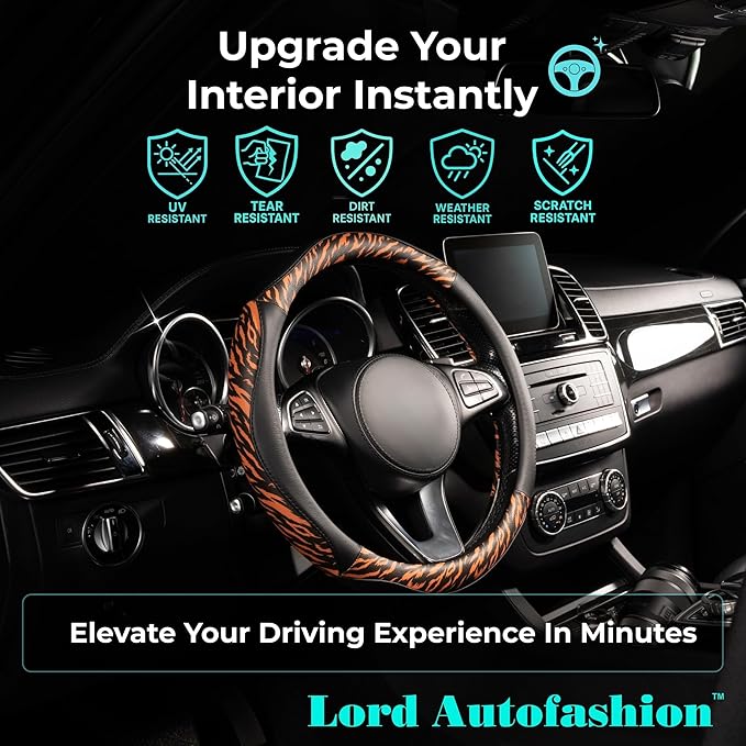 Lord Autofashion Steering Wheel Cover – PU Leather, Non-Slip Rubber Inner, All-Season Comfort – 14.5–15 Inch (Black/Tiger 8684)