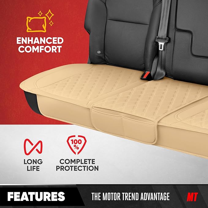 Motor Trend Rear Seat Cushion - Beige Diamond Stitched Faux Leather Rear Seat Cover for Cars, Trucks, SUVs - Padded, Waterproof, Non-Slip Back Seat Cover with Storage Pockets