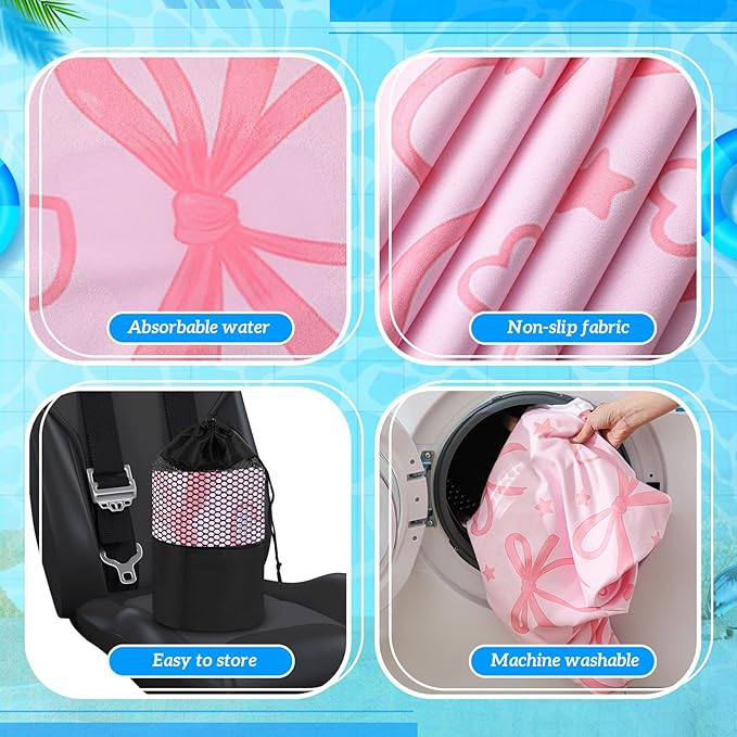 2 Pack Car Seat Towel Covers with Storage Bag 63 x 32 Inch Athletic Running Towel Seat Sweat Washable Non Slip Cover Gift for Car Outdoor Sport Activities (Pink Bow)