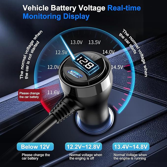 Cigarette Lighter Splitter,3 Socket Cars Cigarette Lighter Adapter,Heavy Duty Truck USB Chager Multi Port with PD30W/QC3.0 USB C 12/24V Car Plug Outlet with LED Voltage Display Independent Switches