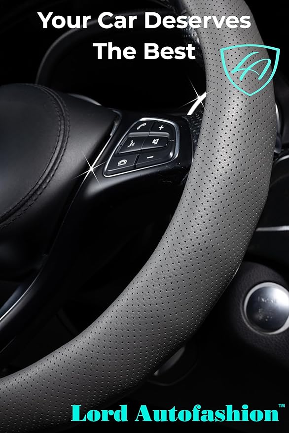 Lord Autofashion Steering Wheel Cover – PU Leather, Non-Slip Rubber Inner, All-Season Comfort – 14.5–15 Inch (Grey 8571)