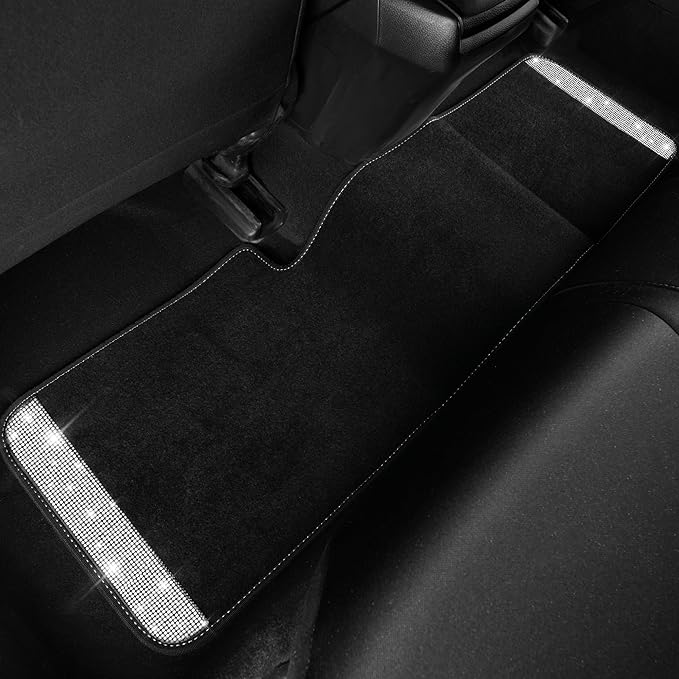 CAR PASS Bling Diamond Car Mats Shining Carpet Crystal Rhinestones Sparkly Glitter Floor Mats with Anti-Slip PVC Heel Pad Universal for Automotive SUV, Sedan, Van, 3pcs for Girl Women, Black Silver