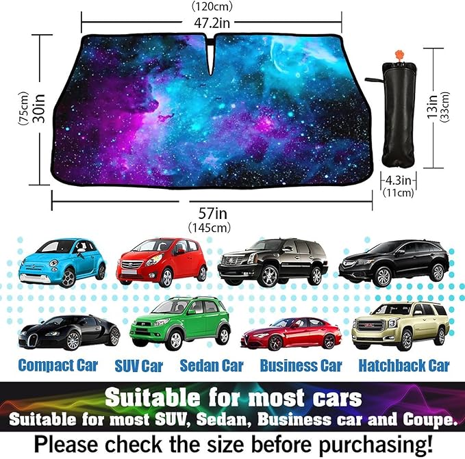 CHILLTEK Funny Car Windshield Sun Shade, Purple Starry Nights Car Sun Shade, Block UV Rays Heat Foldable Windshield Umbrella Sun Visor Protector - Keep Vehicle Cool for Cars SUV