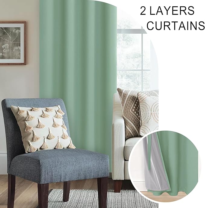 XWZO 100% Blackout Window Curtains - Thermal Insulated & Completely Room Darkening Black Liner Window Treatment with Tiebacks for Bedroom/Living Room, Light Sage, W42 x L63, Set of 2 Panels
