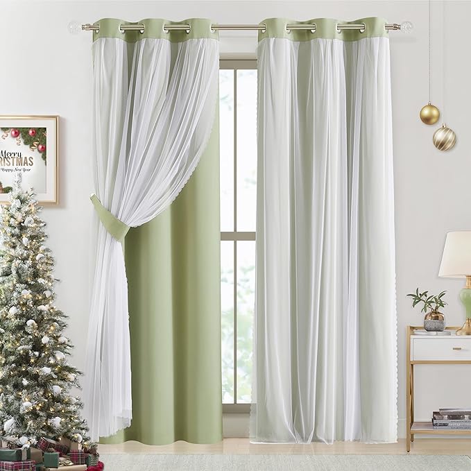 Bujasso Sage Green 90% Blackout Curtains with Sheer Overlay Mix and Match Double Layer Thermal Insulated Window Panels 84 inch Living Room Bedroom Green Drapes with Tiebacks Grommet Top 37" Wx84 Lx2